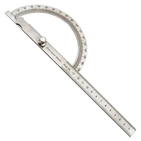 Rock Solid Heavy Duty Stainless Steel Angle Finder Protractor 0-180 Degree with etched scale and swing arm design.