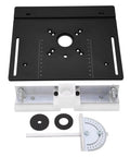 Rugged As Nails Router Table Insert Plate Aluminum Alloy Routing Mounting Base For Garage Workshop Hobbyists Black with angle plate and rings.
