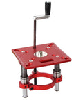 Rock Solid Precision Router Lift And Woodworking Table Insert Plate offering butter smooth height adjustment with durable red aluminum build.