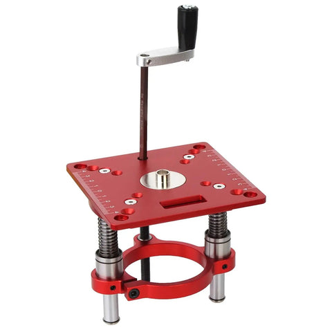 Rock Solid Precision Router Lift And Woodworking Table Insert Plate offering butter smooth height adjustment with durable red aluminum build.