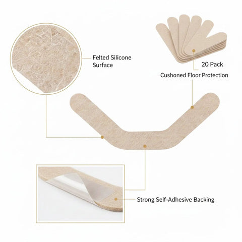 Self Adhesive Silicone Floor Protectors For Furniture Legs That Let Chairs And Tables Glide Smoothly Across Hardwood Tile And Laminate Floors While Preventing Scratches No Scratch Drama 3.3 By 1.5 Inches 20 Count, close-up of felted silicone surface and adhesive backing