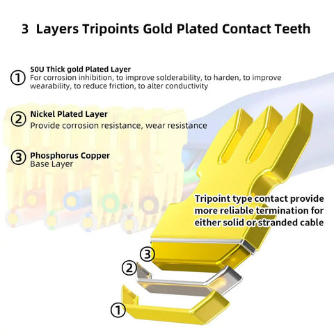 Illustration of RJ45 Connectors Set, Standard Modular Plugs, UTP Gold Plated 8P8C Crimp End For CAT6 Ethernet Cable layers and materials