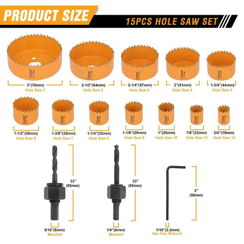 Super Cool 15 Piece Hole Saw Set With 12 Sizes From 3 4 Inch To 3 Inches Plus Two Heavy Duty Arbors And Hex Key For Wood Plastic Soft Metal Home DIY Projects Make Cutouts A Breeze, 12 sizes and arbors