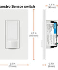 Front and side view of Automatic Motion Sensor Light Switch For Indoor Use In Bathroom, Garage, Laundry, Closet, Single Pole, No Neutral, Occupancy Activated, Auto On Auto Off, Easy Install, Three Pack showing dimensions.