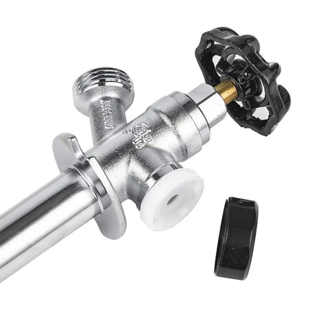 10 Inch Frost Proof Sillcock With Anti Siphon Design Lead Free Chrome Plated Brass Body One Half Inch Pex Crimp To Three Quarter Inch Hose Bibb Easy On Off With Large Multi Turn Handwheel ANSI NSF Certified shown in close-up