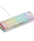 Level Up Your Desk With This 65 Percent Mechanical Gaming Keyboard Featuring A Knob Modular Gasket Mount And Thick Doubleshot Pbt Keycaps. Compact, white keyboard with RGB backlighting.