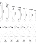 450 Pack Real Deal Iron Safety Clasp Pins for Crafting and Tailoring sizes and thickness options displayed on a chart.