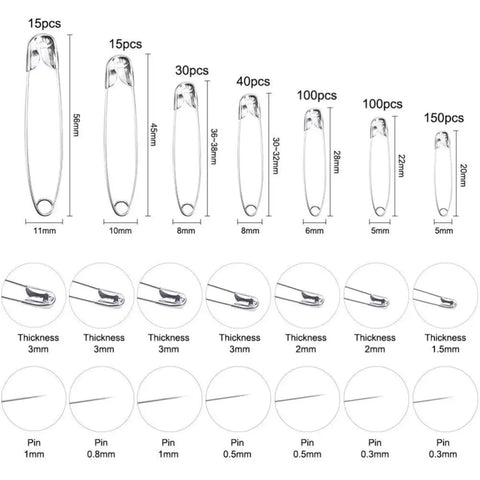 450 Pack Real Deal Iron Safety Clasp Pins for Crafting and Tailoring sizes and thickness options displayed on a chart.