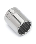 Close-up of Three Eighths Inch Drive 12 Point SAE Socket Nine Sixteenths Inch Chrome Vanadium Steel With Nickel Chrome Plating Mirror Finish.