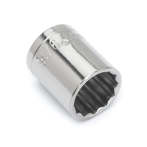 Close-up of Three Eighths Inch Drive 12 Point SAE Socket Nine Sixteenths Inch Chrome Vanadium Steel With Nickel Chrome Plating Mirror Finish.