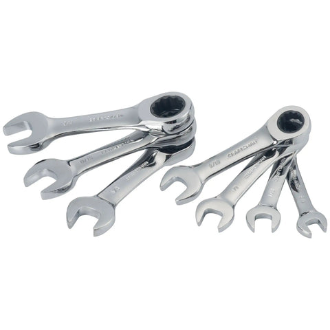 7 Piece SAE Ratcheting Wrench Set With 72 Tooth Box End 15 Degree Offset Chrome Finish Quick Engagement Easy Fastener Grab