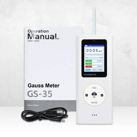 Portable Gauss Meter With Rechargeable Battery 25000 Gauss 2500 MilliTesla Range Magnetometer For Magnetic Field Testing North South Pole Detection Data Logging And Alarm Plus Or Minus Five Percent Accuracy For Factory QC And Workshops, with manual