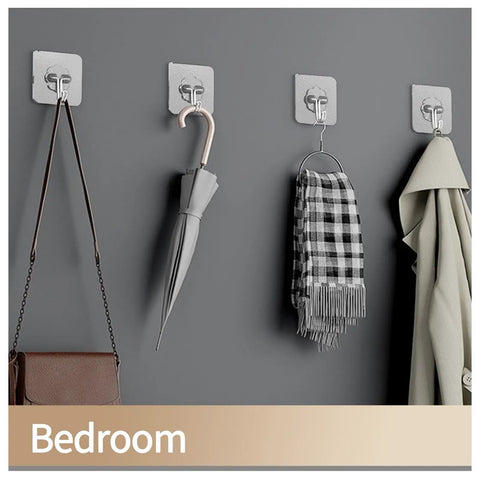 Heavy Duty Self Adhesive Hooks 27 Pack Up To 25 Lb Capacity Stainless Steel Sticky Hangers holding purse, umbrella, scarf in bedroom.