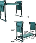 Heavy Duty Garden Kneeler And Seat With Wide Cushioned Pad and Dual Tool Bags showing dimensions and foldable frame