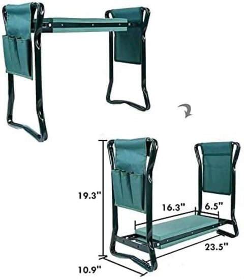 Heavy Duty Garden Kneeler And Seat With Wide Cushioned Pad and Dual Tool Bags showing dimensions and foldable frame