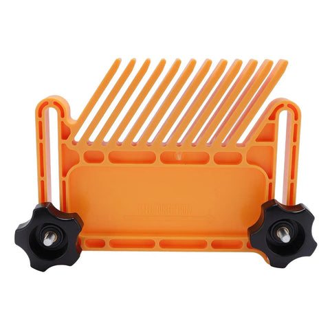 Universal Tandem Featherboard With Stackable Woodworking Design For Table Saw And Router Featuring Quick Turn Knob and Double Safety Lock, orange plastic design.