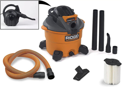 Heavy Duty Wet Dry Vacuum And Blower With 12 Gallon Capacity And 5 Peak Horsepower Detachable Leaf Blower Head for workshop cleanup tools.