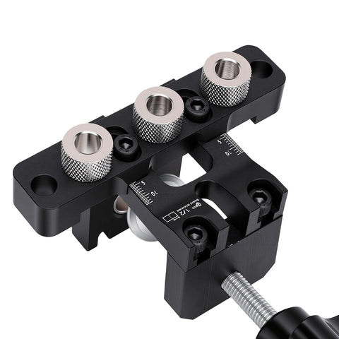 Close-up of Heavy Duty 3 In 1 Self Centering Dowel Jig Kit For Shop Ready Woodworking Aluminum Drill Guide with adjustable settings.