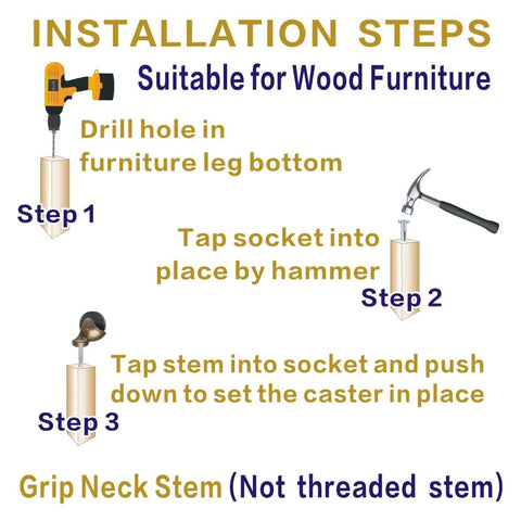 Installation steps for 2 Inch Antique Brass Casters Set Of 4 Heavy Duty Ball Caster Wheels with Sleeve Plugs for wood furniture