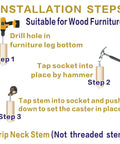 Installation steps for Antique Brass 2 Inch Heavy Duty Furniture Casters 8 Pack Bulk Set with drill and hammer illustrations.
