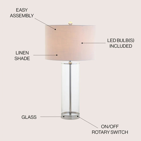 Clear Chrome Modern Glass Table Lamp For Living Room And Bedroom Slick Minimalist Nightstand Bedside Light With White Linen Drum Shade LED Bulb Included ETL Listed For Safe Clean Look