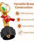 Upgraded Propane Refill Adapter With Valve And Gauge, Solid Brass QCC1 Refill Elbow with color-coded gauge and valve.