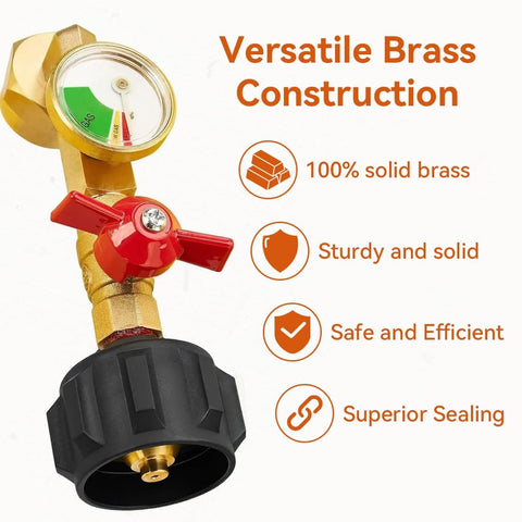 Upgraded Propane Refill Adapter With Valve And Gauge, Solid Brass QCC1 Refill Elbow with color-coded gauge and valve.