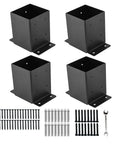 Heavy Duty 4x4 Post Base Brackets With Inner 3.6x3.6 Opening Black Powder Coated Steel Fence Post Anchors For Deck Porch Handrail Railing And Pergola Supports 4 Pcs shown with screws and wrench