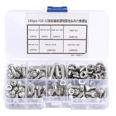 Super Cool Hex Socket Cap Screw Assortment Kit For Quick Projects With 140 Pieces Including Six Sizes Of 10-32 Screws Plus Matching Nuts in organized case