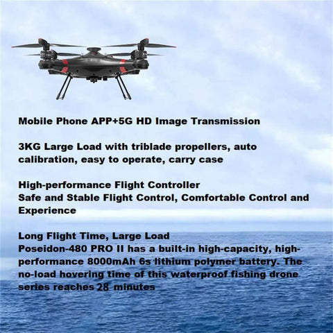 Beast Of A Heavy Lift Fishing Drone With 3 Kg Payload And Bait Release, 1.5 Km RC GPS Range, 33 Minute Flight Time, on ocean backdrop