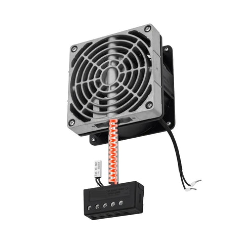 Built Like A Tank Industrial Air Heater And Dehumidifier Fan For Power Distribution Cabinets With Rock Solid Aluminum Heating Core Featuring 400 Watts AC 220V mounted with a metal fan.