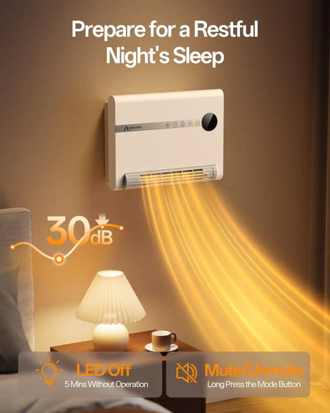 Wall Mounted Space Heater For Bedroom Or Office, 1500W PTC Fast Heating unit operating quietly with soft ambient light.
