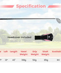 Women's 460cc Golf Driver With Graphite Shaft, Lightweight Right-Handed Single Club With Head Cover detailing specifications.