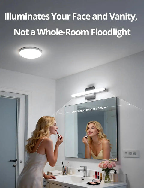 Woman using Slim 16 Inch LED Vanity Light Bar Over Mirror For Restroom IP44 Waterproof 9W Cool White 6000K Non Dimmable Makeup Lighting