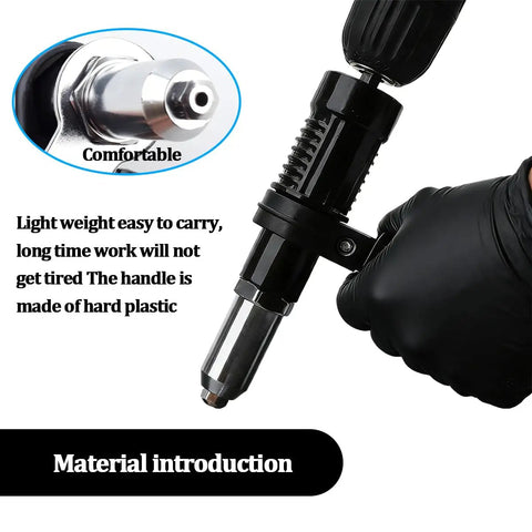 Cordless Car Rivet Gun Adapter Kit With 4 Rivet Heads, electric pop riveter close-up, black handle, lightweight design
