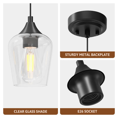 Matte Black Pendant Light For Kitchen Island With E26 Base And Adjustable Cable, Glass Cylinder Shade, components detail