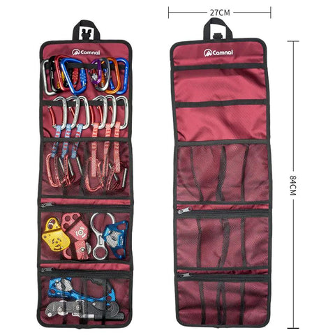 Climbing Quickdraw Hanging Storage Bag With Carabiner Hook Organizer in red, showing pockets for gear storage, size 27cm by 84cm.