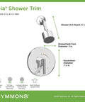 Single Handle 1 Spray Shower Trim With Secondary Volume Control In Polished Chrome 1.5 GPM Pressure Balanced Valve Trim Kit Includes Shower Arm Head Escutcheon And Handle Valve Not Included, showing shower arm and dimensions.