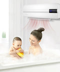 Mother and baby enjoying bathroom warmth from Wall Mounted Bathroom Heater And Waterproof Air Conditioning Fan Providing Snappy Heat And Quick Cool Down With Zero Hassle Remote Operation.