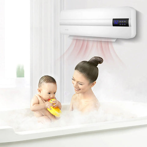 Mother and baby enjoying bathroom warmth from Wall Mounted Bathroom Heater And Waterproof Air Conditioning Fan Providing Snappy Heat And Quick Cool Down With Zero Hassle Remote Operation.