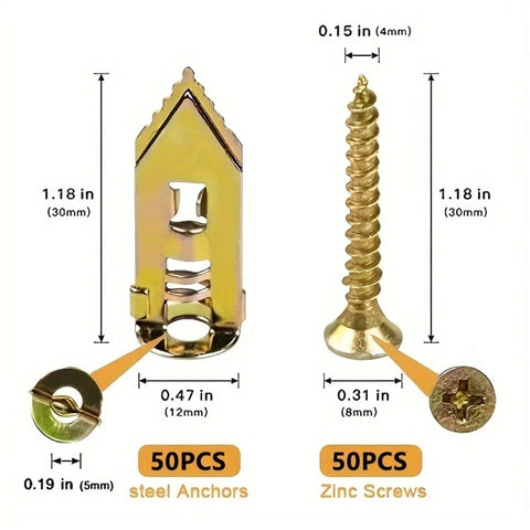 Heavy Duty Self Drilling Drywall Anchor And Screw Kit, 50 Piece Set For Fast DIY Home Fixes, Mounting In Wood Or Drywall, Strong Metal Anchors For Hanging Shelves And More. 50pcs steel anchors and zinc screws, 30mm x 12mm