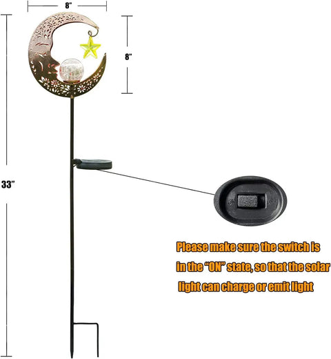 Lit Moonlit Solar Lantern For Outdoor Decor Ideal For Patio Path Garden Or Lawn Crackle Glass Globe Stake Light Waterproof Bronze Finish Warm LED Glow Easy Sun Powered Setup Upgraded Battery And Large Solar Panel with moon design and switch details.