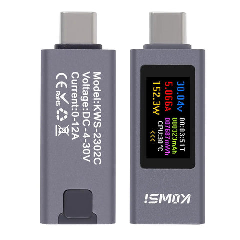 USB C Power Meter Tester 4-30V 0-12A Type-C PD Digital Multimeter Voltage And Current Meter For USB C Cables Front Display