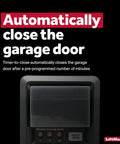 Motion Detecting Garage Door Control Panel For Security Plus Two Point Zero Openers, Wired Power Connection, Battery Free Design, Easy Install, Compatible Only With Security Plus Two Point Zero Openers, No Battery Needed displayed with automatic close feature text