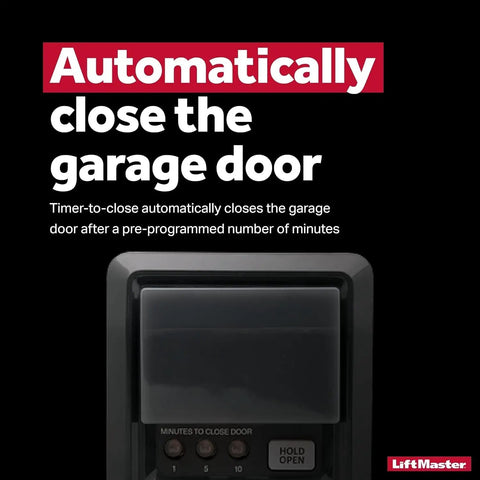 Motion Detecting Garage Door Control Panel For Security Plus Two Point Zero Openers, Wired Power Connection, Battery Free Design, Easy Install, Compatible Only With Security Plus Two Point Zero Openers, No Battery Needed displayed with automatic close feature text