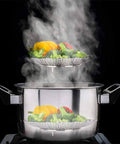 Premium Stainless Steel Veggie Steamer Basket in pot with steaming vegetables, folding expandable design that fits any pot from 6 to 10.5 inches