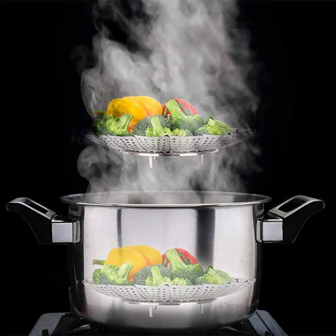 Premium Stainless Steel Veggie Steamer Basket in pot with steaming vegetables, folding expandable design that fits any pot from 6 to 10.5 inches