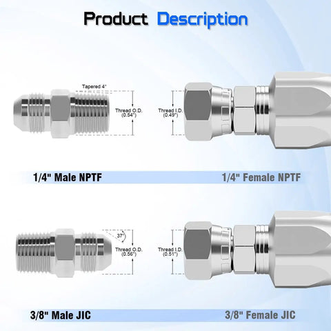 3/8 Inch JIC 37 Degree Male To 1/4 Inch NPTF Male Hydraulic Adapter Fitting For Straight Thread JIC To NPTF Port Connections In Hydraulic Systems And Hydraulic Hose Assemblies, metal