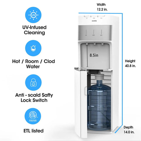 Self Cleaning Water Cooler Dispenser For Three To Five Gallon Bottles Bottom Load With Hot Cold And Room Temperature Water