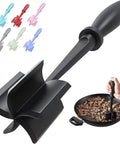 Five Blade Premium Stainless Steel Meat Chopper And Hamburger Press Tool For Fast Ground Beef Crumbling Chicken And Pork Preparation, black nylon cooking tool in use.